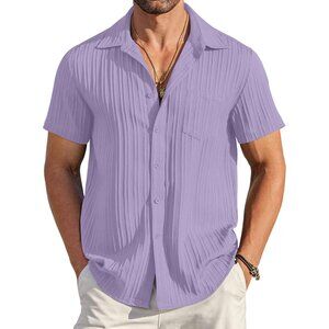 Men's Purple Casual Button Down Shirts Short Sleeve Textured Summer Beach Shirt